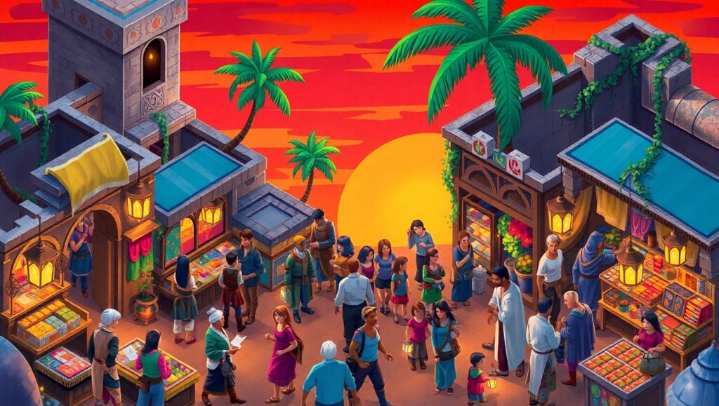 Vibrant Isometric Marketplace Scene – free AI stock image
