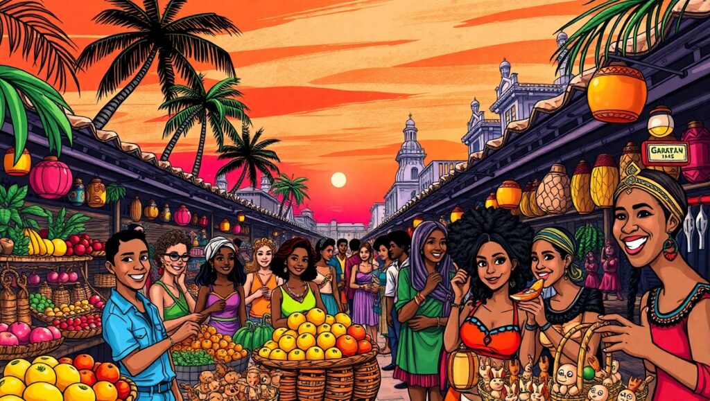 Vibrant Market at Sunset – free AI stock image