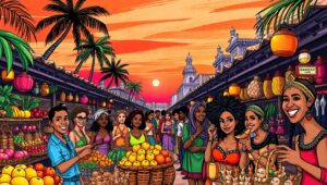 Vibrant Market at Sunset – free AI stock image
