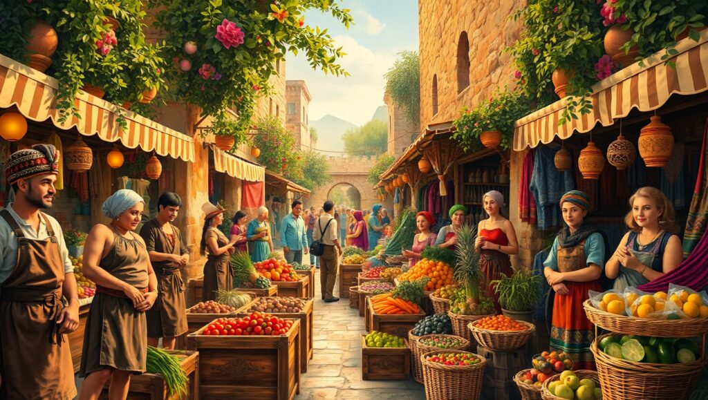 Vibrant Market Scene in Fresco Style – free AI stock image