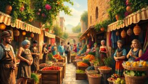 Vibrant Market Scene in Fresco Style – free AI stock image