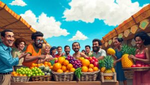 Vibrant Market Under a Blue Sky – free AI stock image