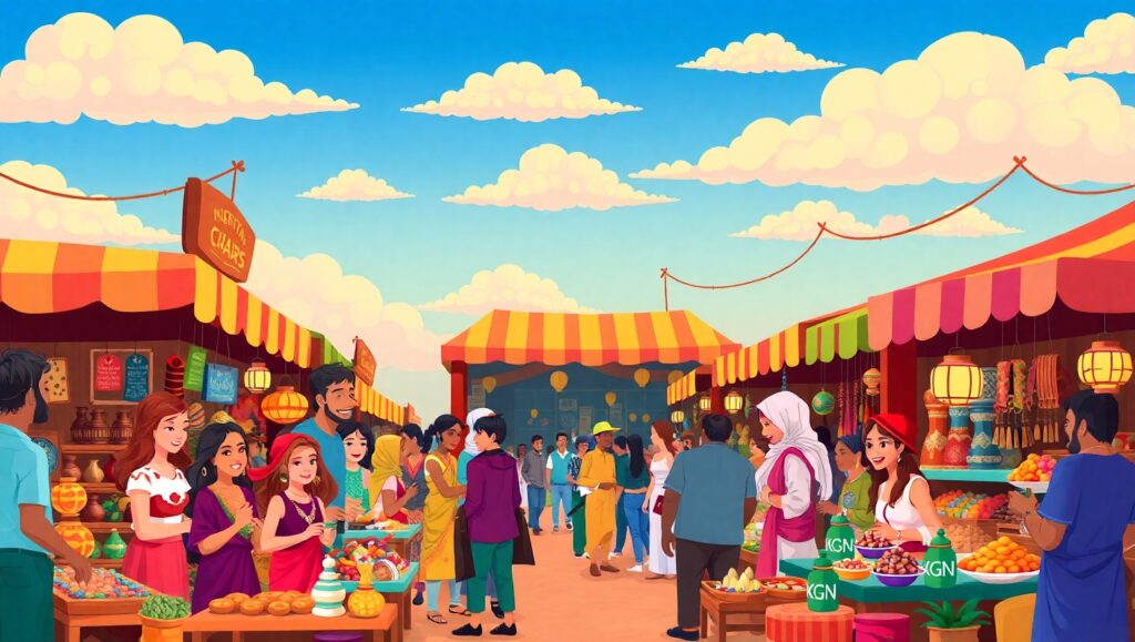 Vibrant Marketplace Scene in Flat Style – free AI stock image