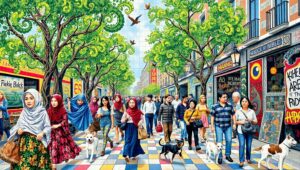 Vibrant Mosaic City Life – free AI stock image