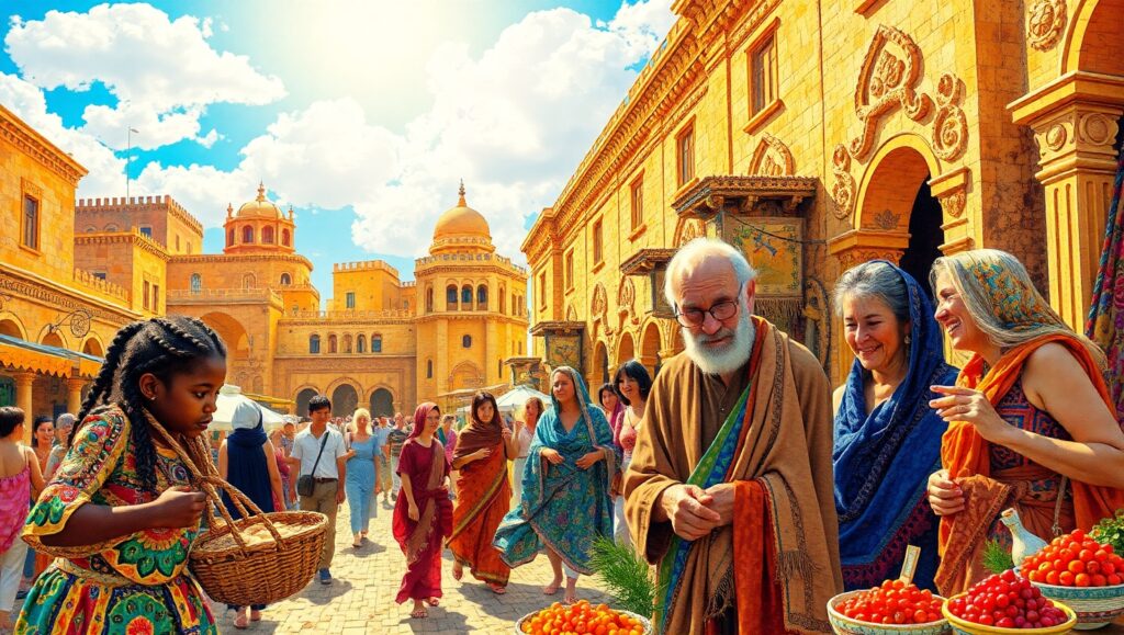 Vibrant Mosaic Marketplace Scene – free AI stock image