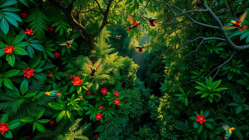 Vibrant Overhead Rainforest Canopy – free AI stock image