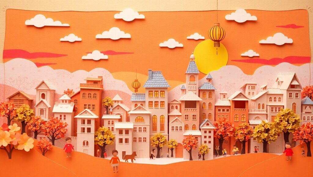 Vibrant Papercraft Cityscape at Sunset – free AI stock image