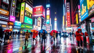 Vibrant Rainy Night Cityscape – free AI stock image