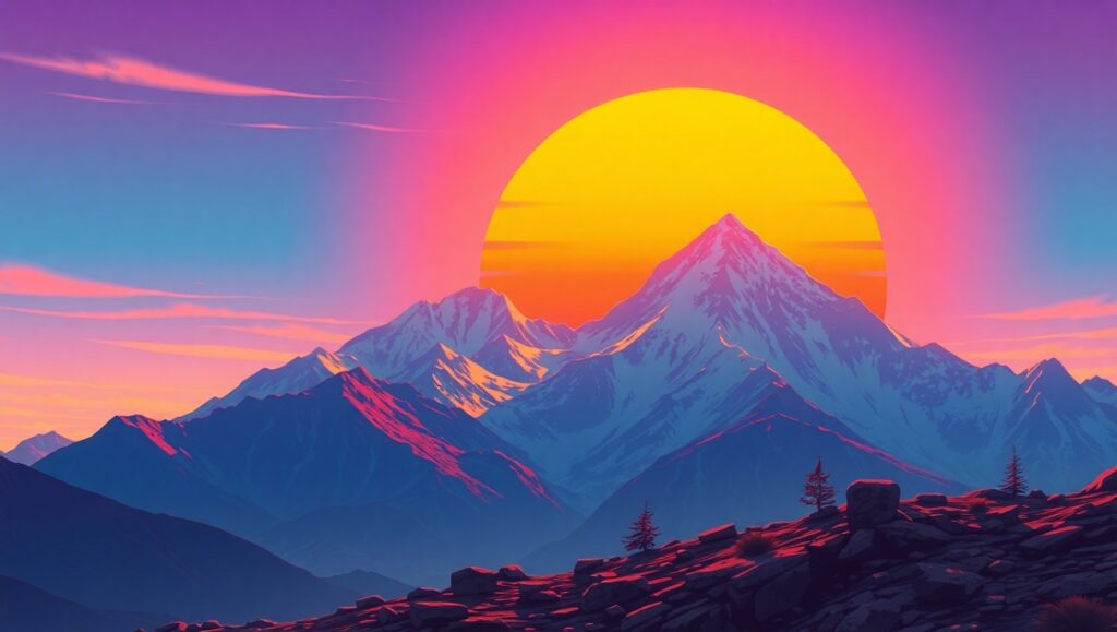 Vibrant Retro Mountain Sunset – free AI stock image