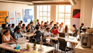 Vibrant Startup Collaboration Space – free AI stock image
