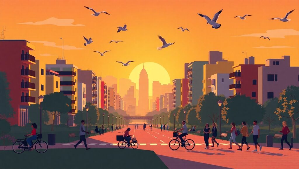 Vibrant Sunset Cityscape in Flat Design – free AI stock image