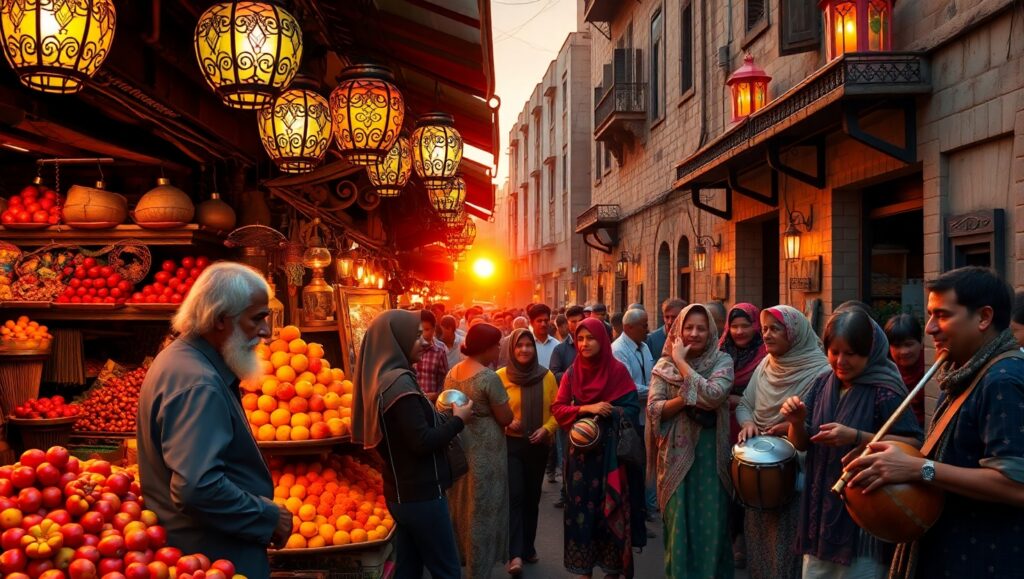 Vibrant Sunset Market Scene – free AI stock image