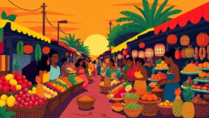 Vibrant Sunset Market Scene n2Z – free AI stock image
