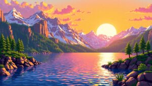 Vibrant Sunset Over Pixel Mountains – free AI stock image
