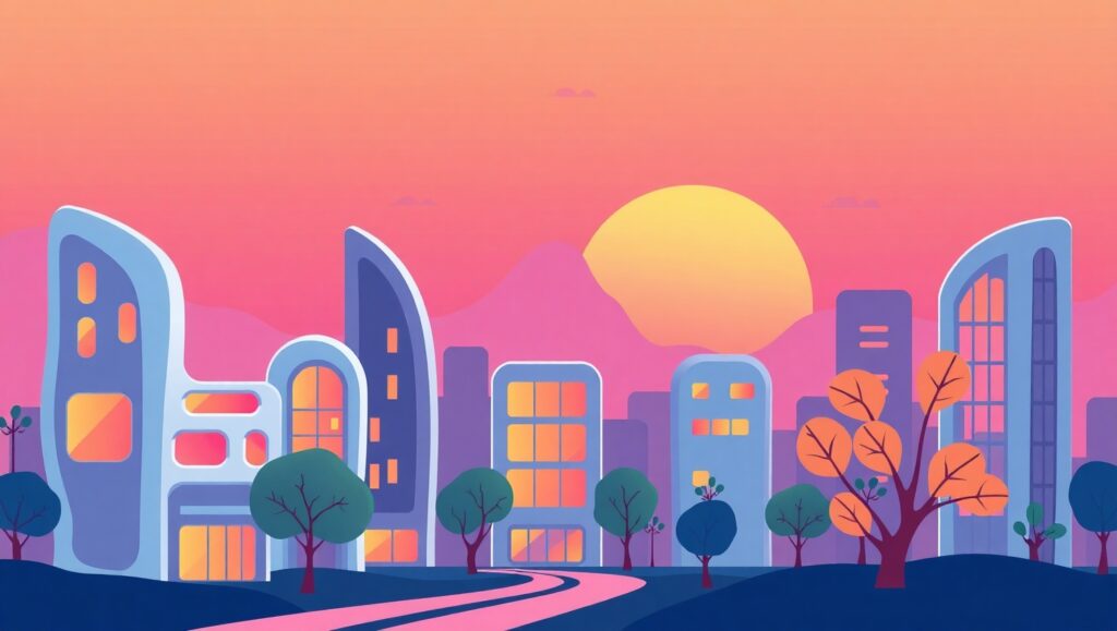 Vibrant Sunset Skyline in Flat Design – free AI stock image