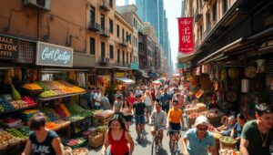 Vibrant Urban Marketplace from Above – free AI stock image
