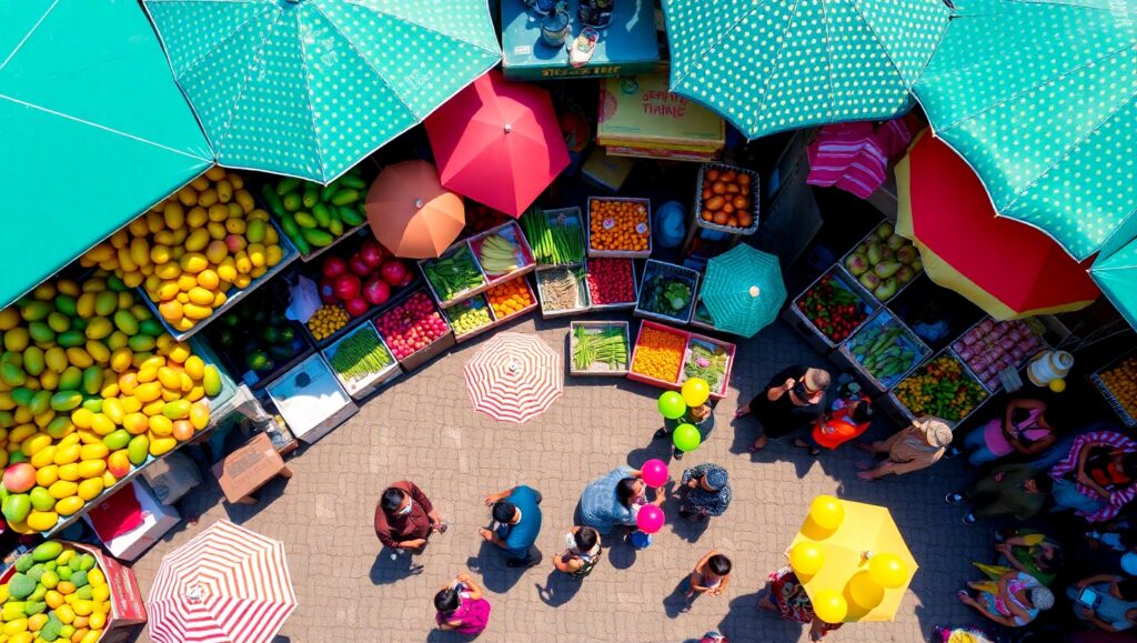 Vibrant Urban Marketplace from Above dFQ – free AI stock image