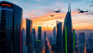 Vibrant Urban Skyline at Sunset – free AI stock image
