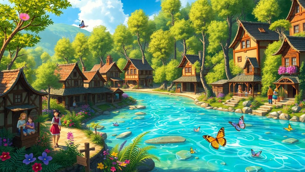 Vibrant Village in Lush Forest – free AI stock image