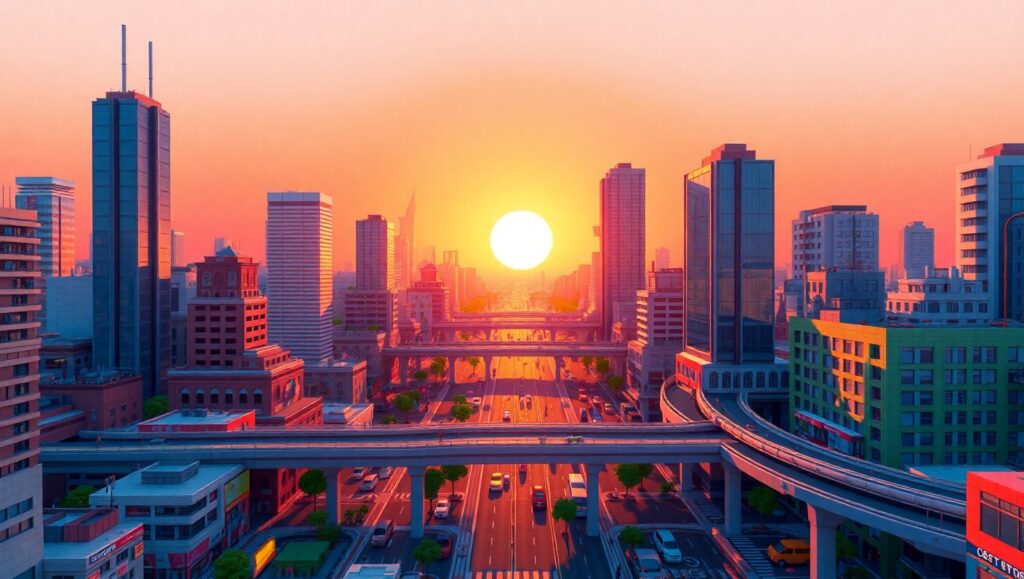Vibrant Voxel City at Dusk – free AI stock image