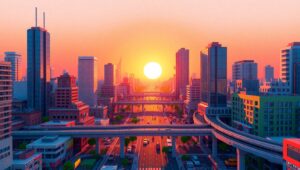 Vibrant Voxel City at Dusk – free AI stock image