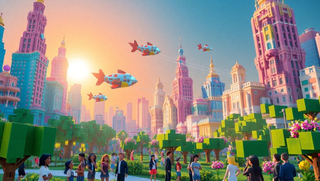 Vibrant Voxel City at Sunset – free AI stock image