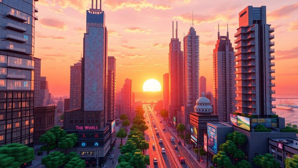 Vibrant Voxel Cityscape at Sunset j6L – free AI stock image