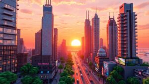 Vibrant Voxel Cityscape at Sunset j6L – free AI stock image