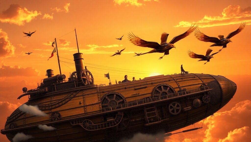 Victorian Airship Adventure at Dusk – free AI stock image