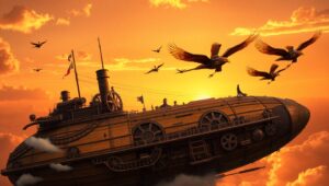 Victorian Airship Adventure at Dusk – free AI stock image