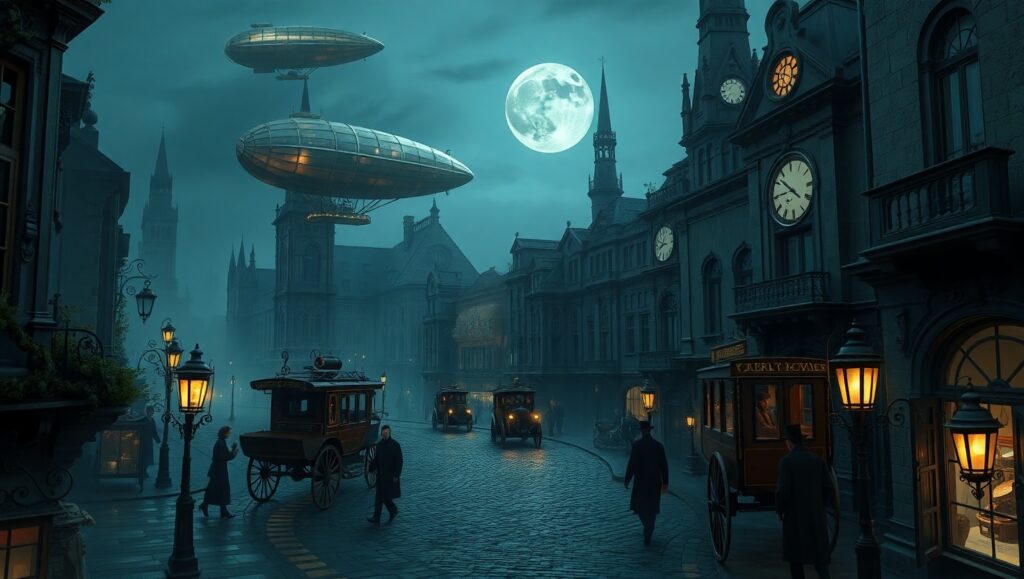 Victorian Cityscape with Airships – free AI stock image