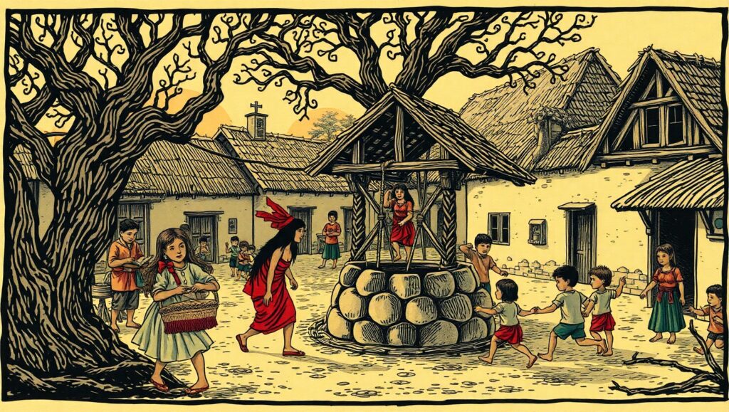 Village Life in Woodcut Style – free AI stock image