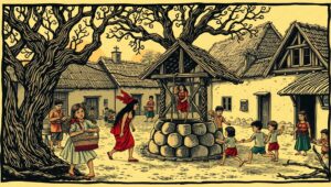 Village Life in Woodcut Style – free AI stock image
