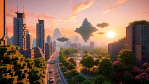 Voxel City at Sunset – free AI stock image