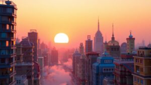 Voxel Cityscape at Sunset fR1 – free AI stock image