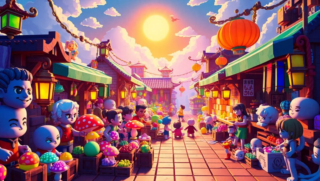 Voxel Market Scene in Pixel – free AI stock image