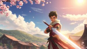 Warrior Beneath the Glowing Skies – free AI stock image