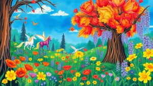Whimsical Forest Adventure in Color – free AI stock image