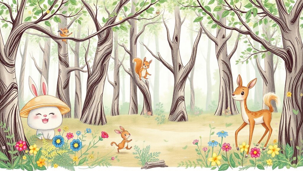 Whimsical Forest Adventures in Sketch – free AI stock image