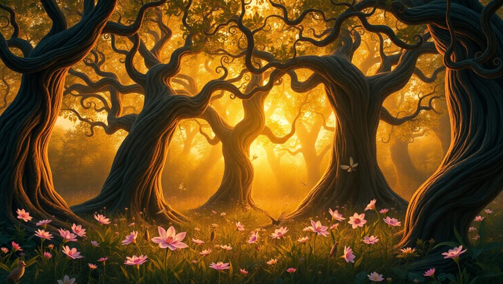 Whimsical Forest of Bronze Leaves – free AI stock image