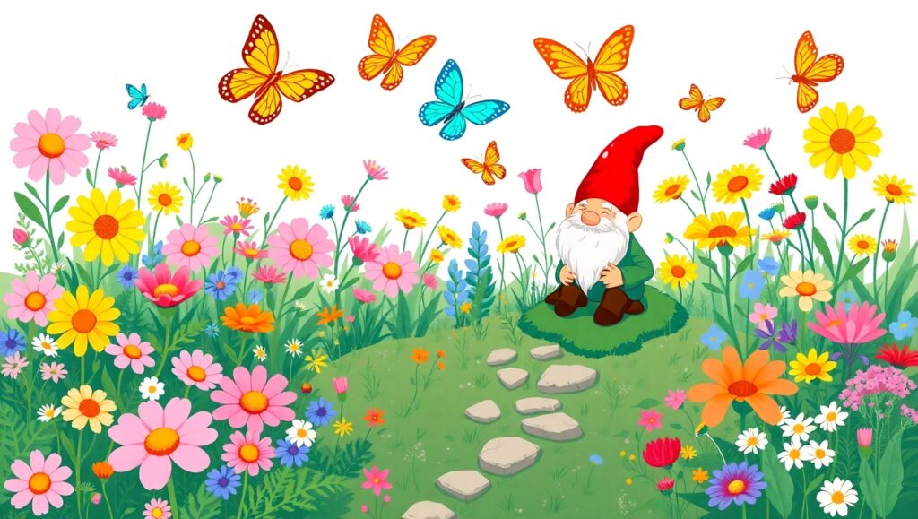 Whimsical Garden with Gnome – free AI stock image
