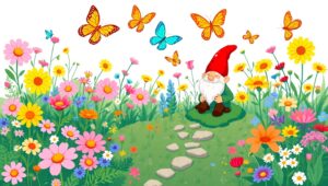 Whimsical Garden with Gnome – free AI stock image
