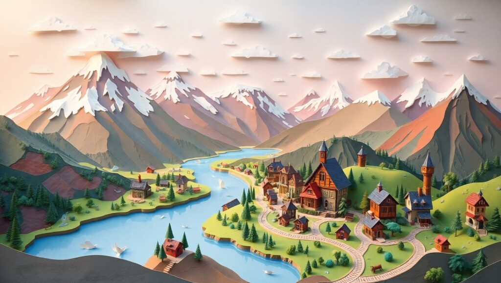 Whimsical Papercraft Landscape Adventure – free AI stock image
