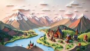 Whimsical Papercraft Landscape Adventure – free AI stock image