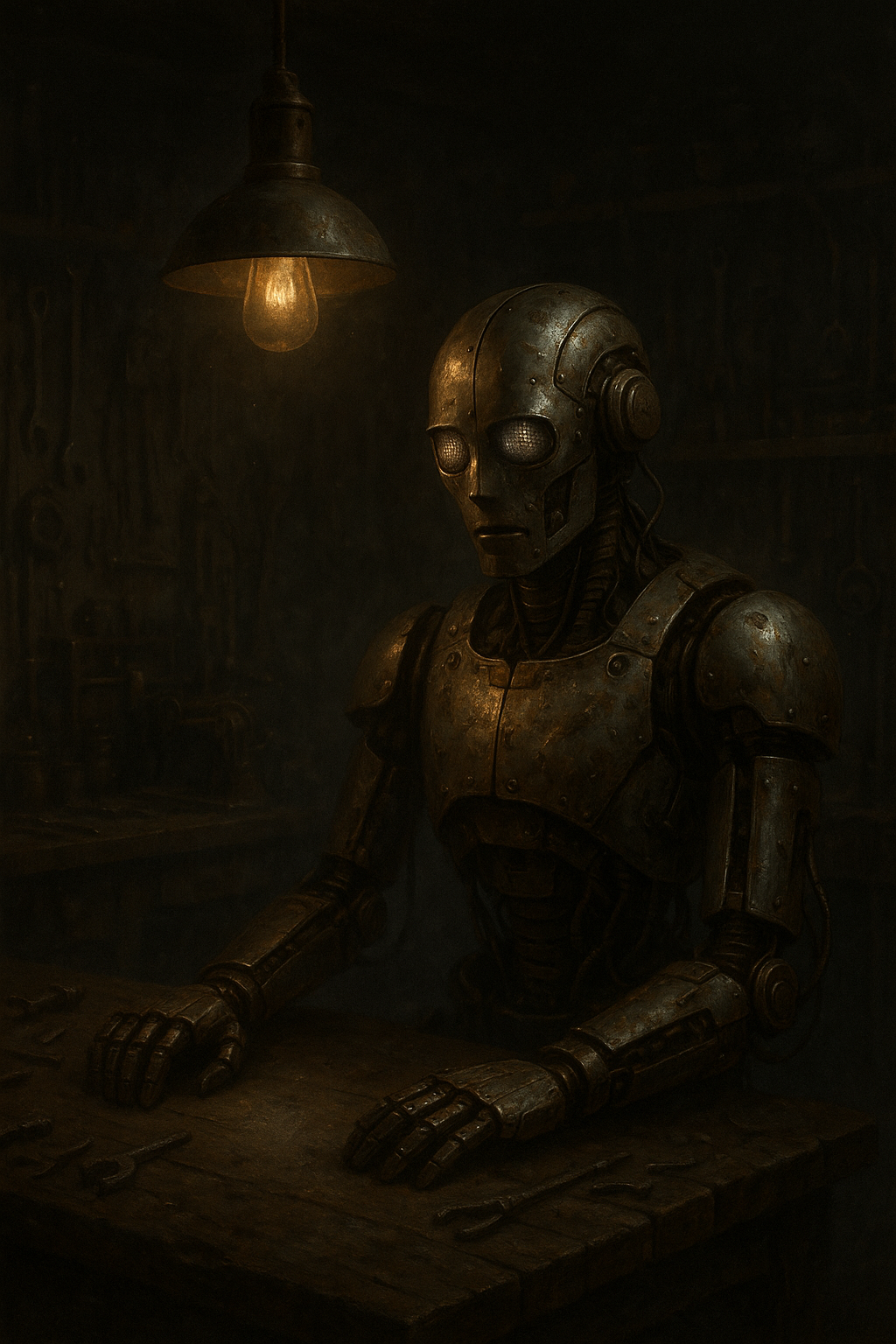 Retro-futuristic droid in a dusty workshop