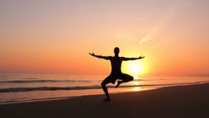 Yoga Poses at Sunset Beach – free AI stock image