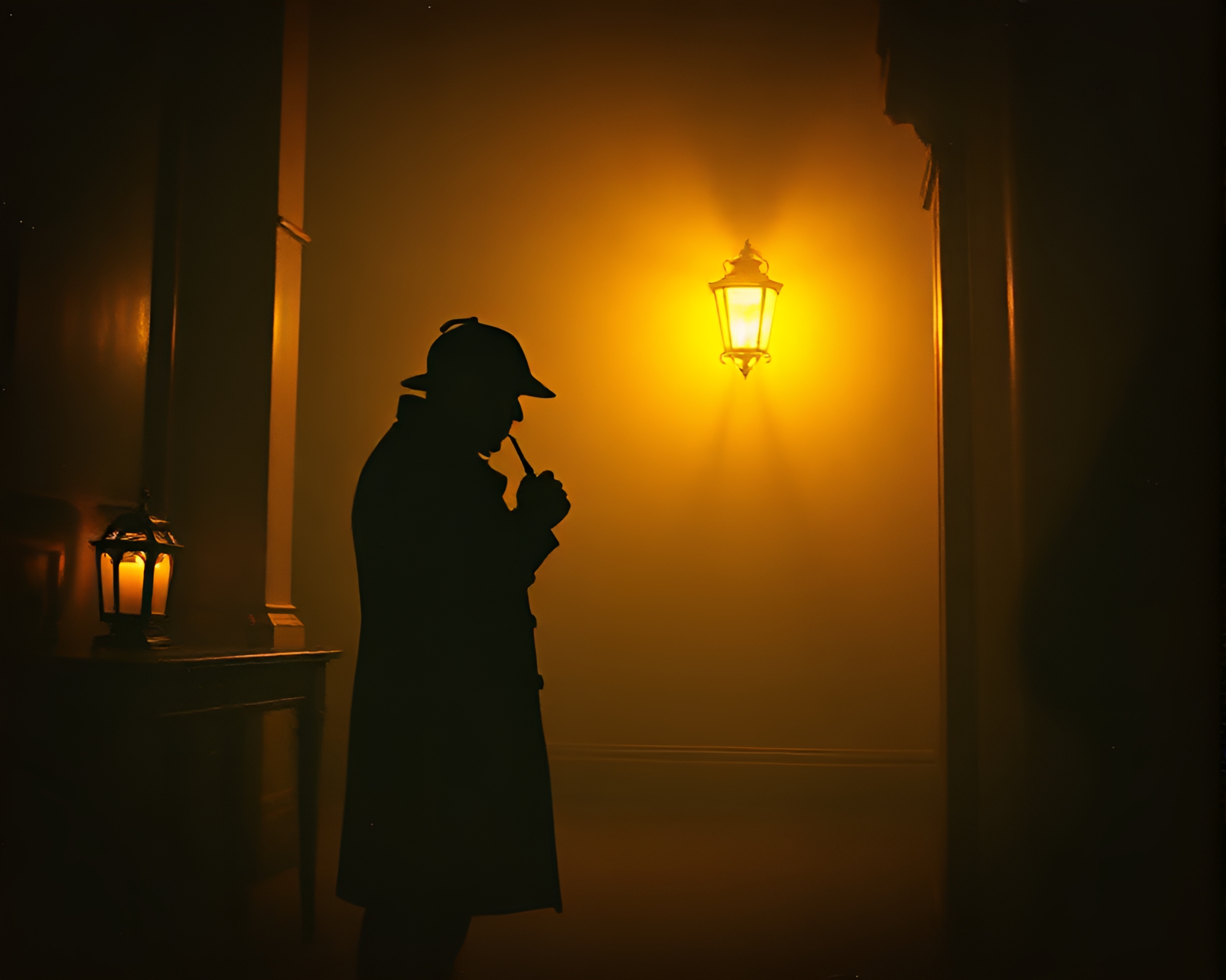 Mysterious Sherlock Holmes Silhouette Candlelit Scene – free AI stock image