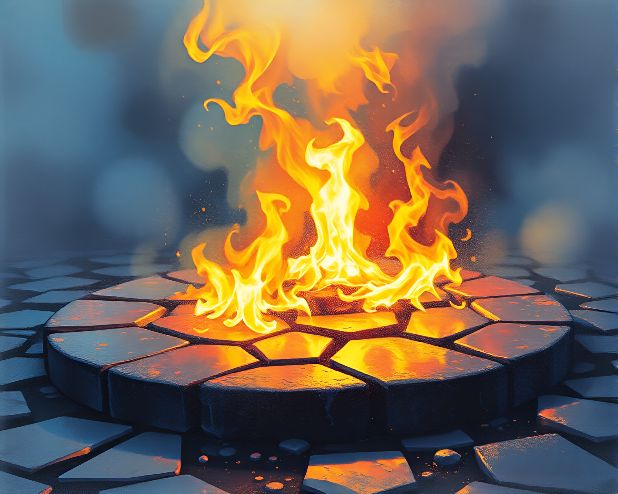 Fiery Bloom Reflecting on Wet Pavement – free AI stock image