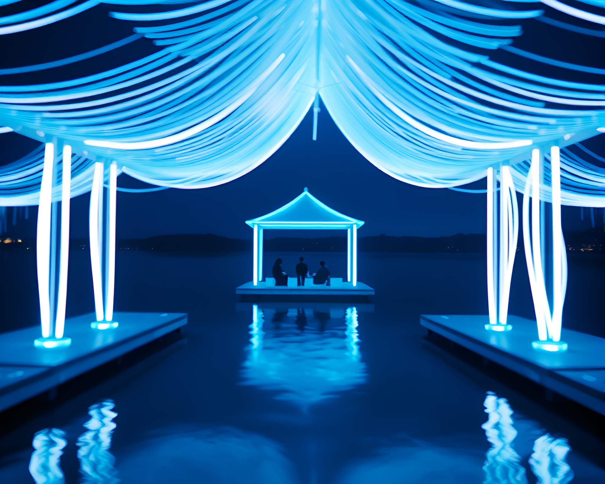 Neon Floating Pavilion in Arctic Blue Depth of Field – free AI stock image