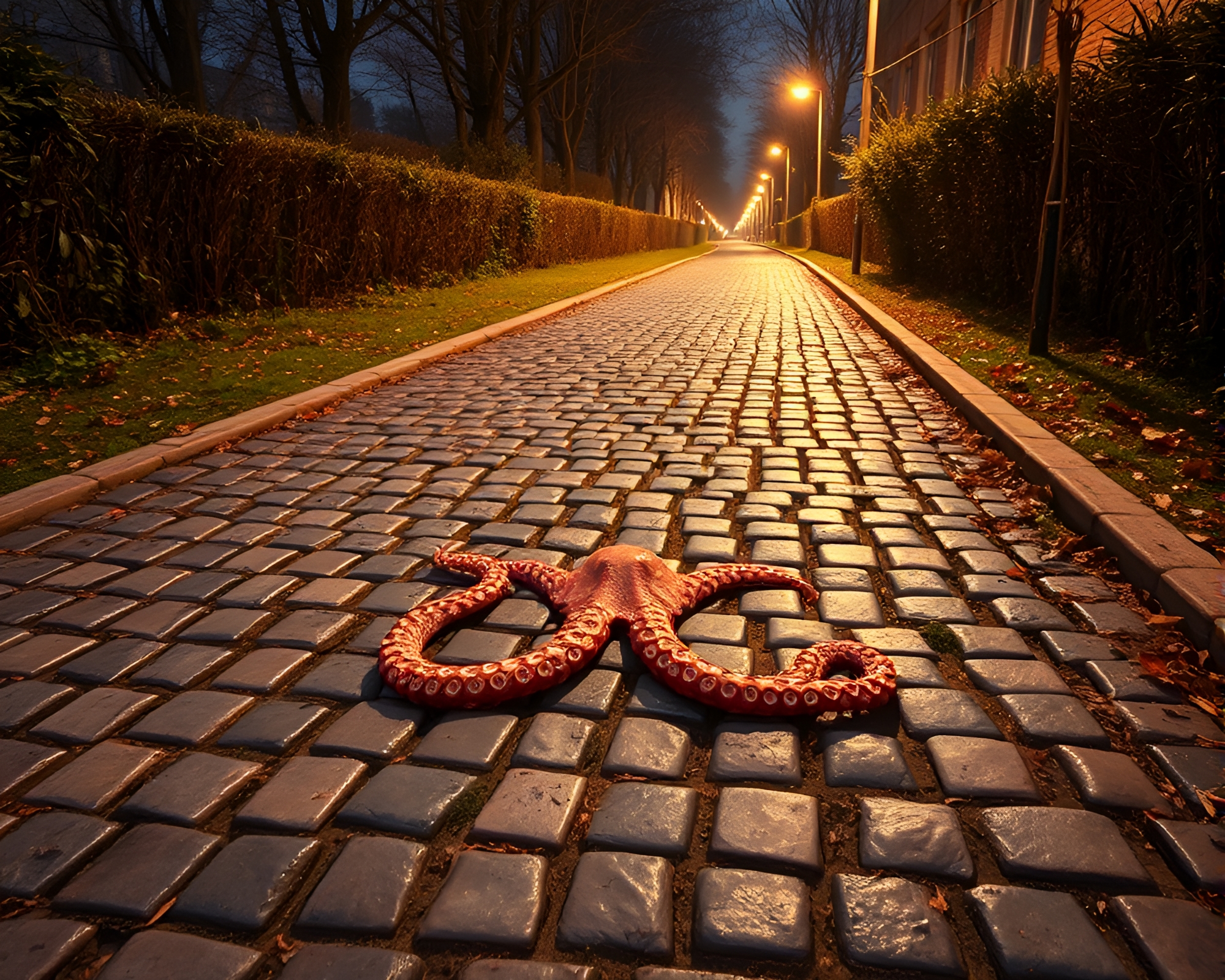 Enchanting Octopus in Rose Gold Light on Cobblestone Path – free AI stock image